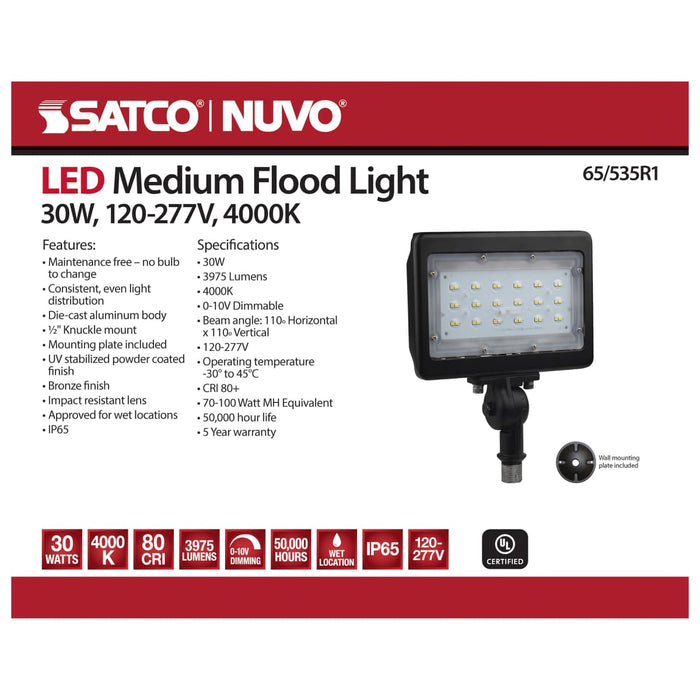 Flood Light Nuvo 65-535R1 LED Medium Flood Light - 30W - 4000K - Bronze Finish - 100V-277V - Dimmable Nuvo