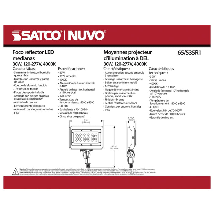 Flood Light Nuvo 65-535R1 LED Medium Flood Light - 30W - 4000K - Bronze Finish - 100V-277V - Dimmable Nuvo