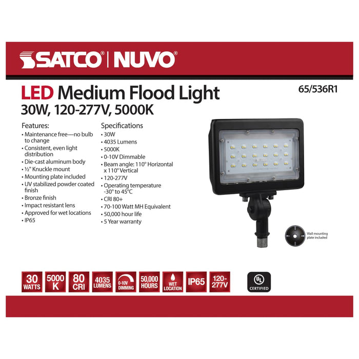 Flood Light Nuvo 65-536R1 LED Medium Flood Light - 30W - 5000K - Bronze Finish - 100V-277V - Dimmable Nuvo