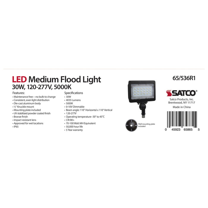 Flood Light Nuvo 65-536R1 LED Medium Flood Light - 30W - 5000K - Bronze Finish - 100V-277V - Dimmable Nuvo