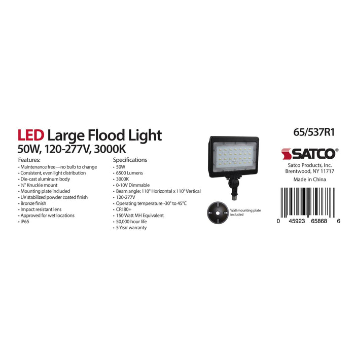 Flood Light Nuvo 65-537R1 LED Large Flood Light - 50W - 3000K - Bronze Finish - 100V-277V - Dimmable Nuvo