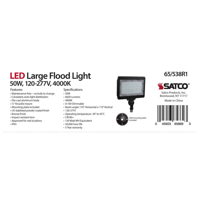 Flood Light Nuvo 65-538R1 LED Large Flood Light - 50W - 4000K - Bronze Finish - 100V-277V - Dimmable Nuvo