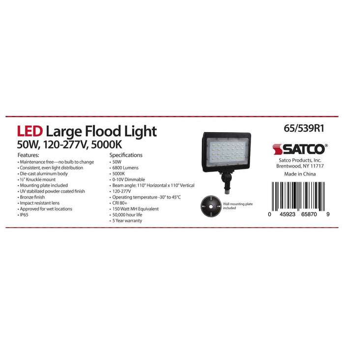 Flood Light Nuvo 65-539R1 LED Large Flood Light - 50W - 5000K - Bronze Finish - 100V-277V - Dimmable Nuvo