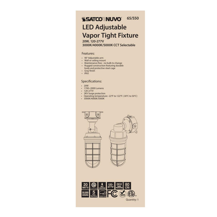 Vapor Proof Nuvo 65-550 LED Adjustable Vapor Tight Fixture - 20W - CCT Selectable 3K/4K/5K - Gray Finish Nuvo
