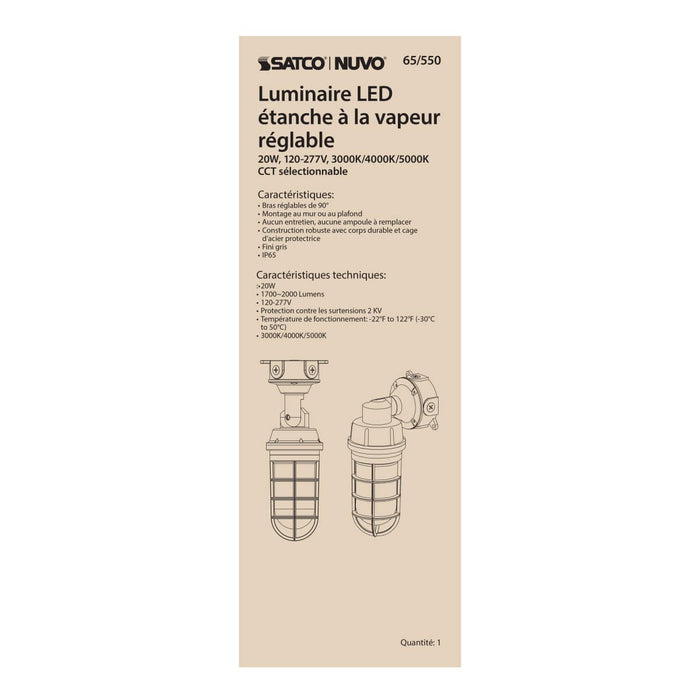 Vapor Proof Nuvo 65-550 LED Adjustable Vapor Tight Fixture - 20W - CCT Selectable 3K/4K/5K - Gray Finish Nuvo
