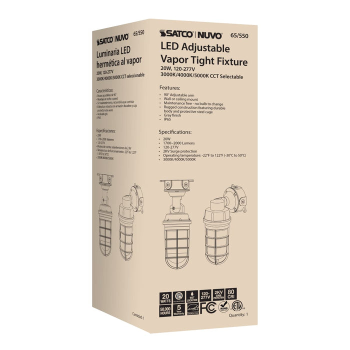 Vapor Proof Nuvo 65-550 LED Adjustable Vapor Tight Fixture - 20W - CCT Selectable 3K/4K/5K - Gray Finish Nuvo
