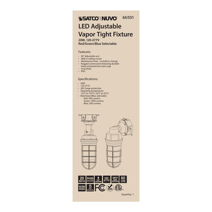 Vapor Proof Nuvo 65-551 LED Adjustable Vapor Tight Fixture - 20W - RGB Selectable - Gray Finish Nuvo