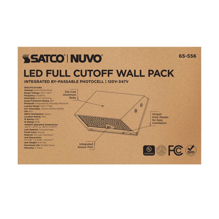 Wall Pack Nuvo 65-556 80/100/120 Watt LED Cutoff Wall Pack - 3K/4K/5K CCT - Field Selectable - Bronze - 120-347 Volt Nuvo