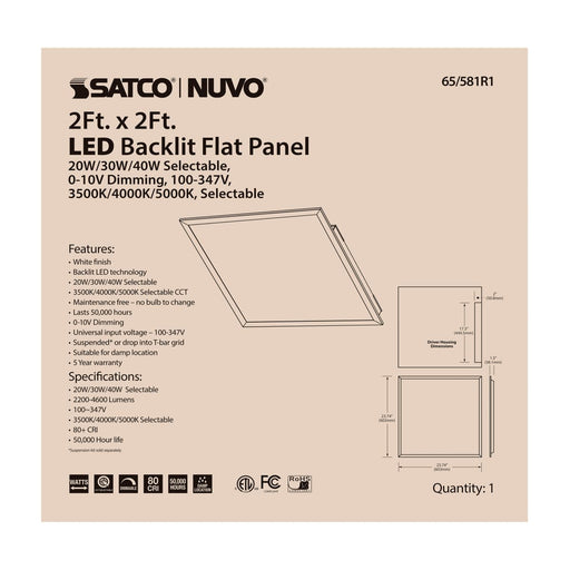 Backlit Flat Panel Nuvo 65-581R1 LED Backlit Flat Panel - 2 ft. x 2 ft. - Wattage and CCT Selectable - 100-347 Volt - ColorQuick Technology - PowerQuick Technology - White Finish Nuvo