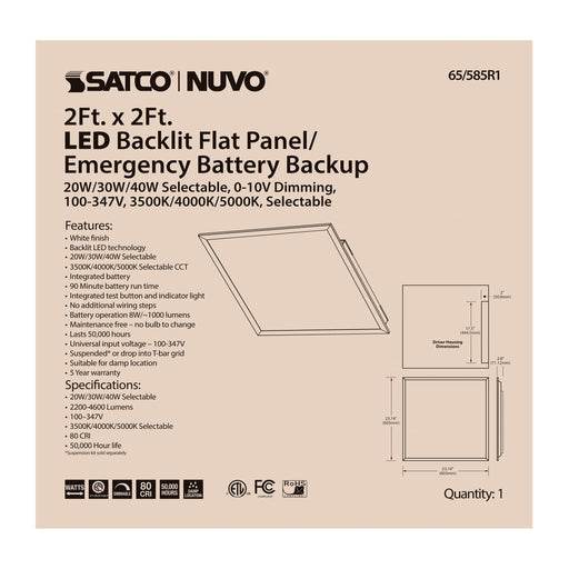 Backlit Flat Panel Nuvo 65-585R1 LED Emergency Backlit Flat Panel - 2 ft. x 2 ft. - Wattage and CCT Selectable - 100-347 Volt - ColorQuick Technology - PowerQuick Technology - White Finish Nuvo