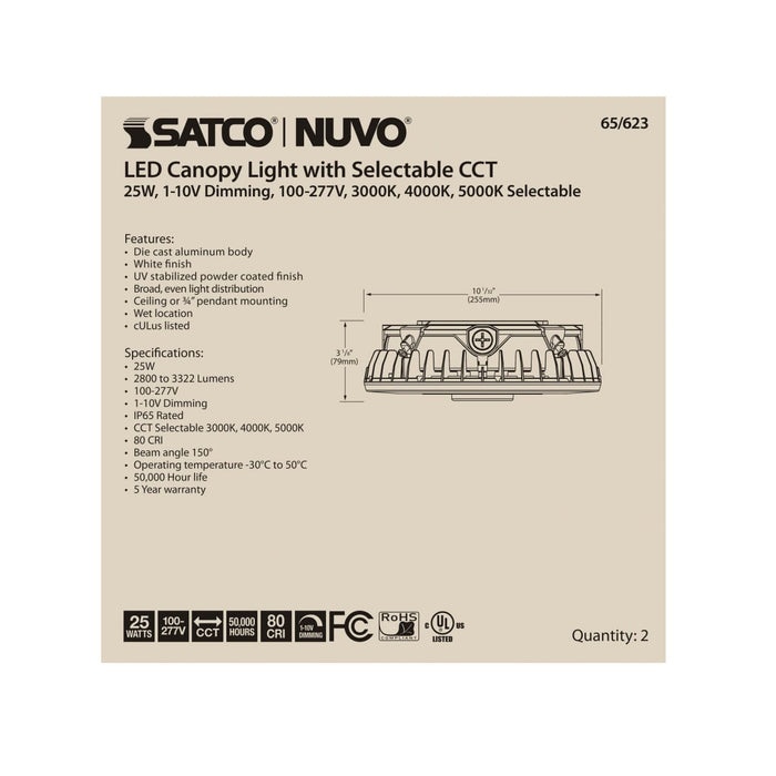 Canopy Nuvo 65-623 LED Canopy Fixture - 25 Watt - CCT Selectable - White Finish - 100-277 Volt Nuvo