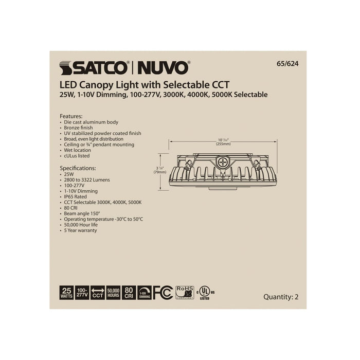 Canopy Nuvo 65-624 LED Canopy Fixture - 25 Watt - CCT Selectable - Bronze Finish - 100-277 Volt Nuvo