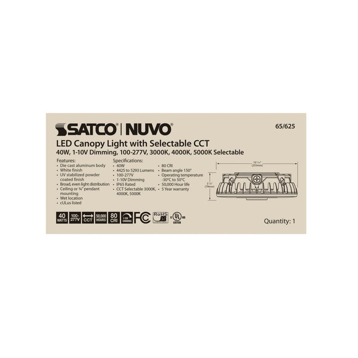 Canopy Nuvo 65-625 LED Canopy Fixture - 40 Watt - CCT Selectable - White Finish - 100-277 Volt Nuvo