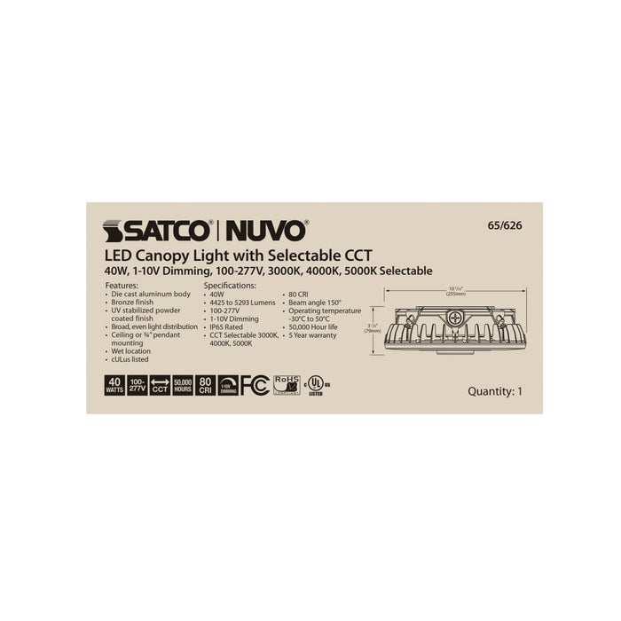 Canopy Nuvo 65-626 LED Canopy Fixture - 40 Watt - CCT Selectable - Bronze Finish - 100-277 Volt Nuvo