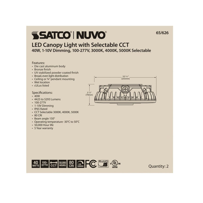Canopy Nuvo 65-626 LED Canopy Fixture - 40 Watt - CCT Selectable - Bronze Finish - 100-277 Volt Nuvo
