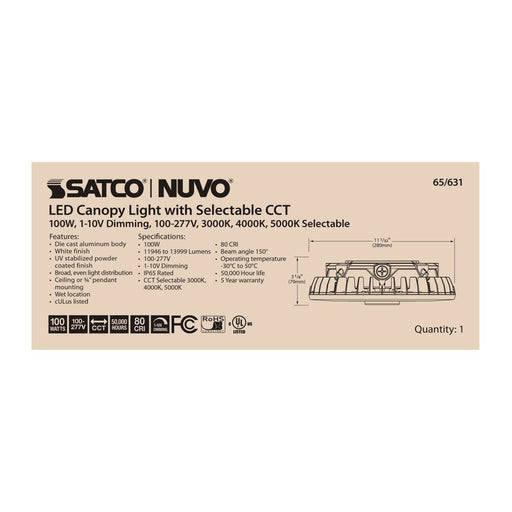 Canopy Nuvo 65-631 LED Canopy Fixture - 100 Watt - CCT Selectable - White Finish - 100-277 Volt Nuvo