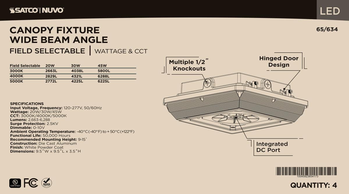 Canopy Nuvo 65-634 Square LED - Wide Beam Angle Canopy Light - 3K/4K/5K CCT Selectable - 20W/30W/45W Wattage Selectable - White Finish Nuvo