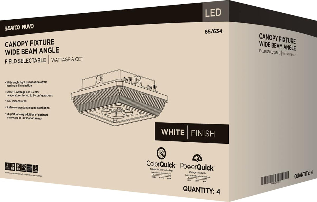 Canopy Nuvo 65-634 Square LED - Wide Beam Angle Canopy Light - 3K/4K/5K CCT Selectable - 20W/30W/45W Wattage Selectable - White Finish Nuvo