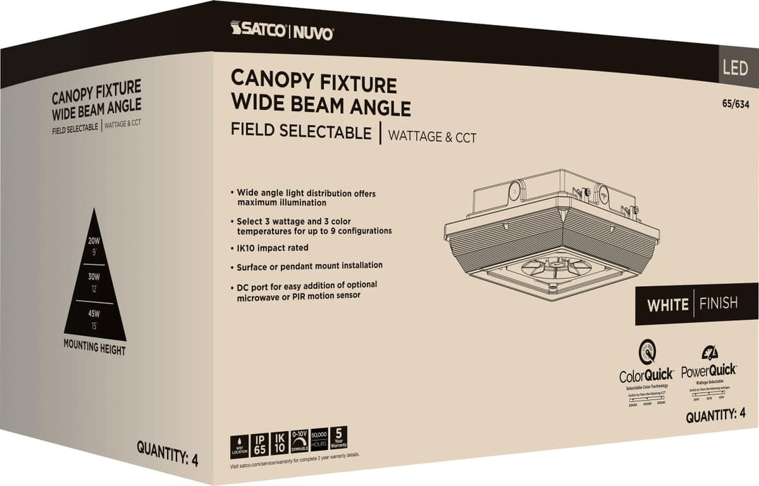 Canopy Nuvo 65-634 Square LED - Wide Beam Angle Canopy Light - 3K/4K/5K CCT Selectable - 20W/30W/45W Wattage Selectable - White Finish Nuvo