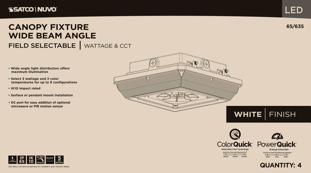 Canopy Nuvo 65-635 Square LED - Wide Beam Angle Canopy Light - 3K/4K/5K CCT Selectable - 60W/75W/90W Wattage Selectable - White Finish Nuvo