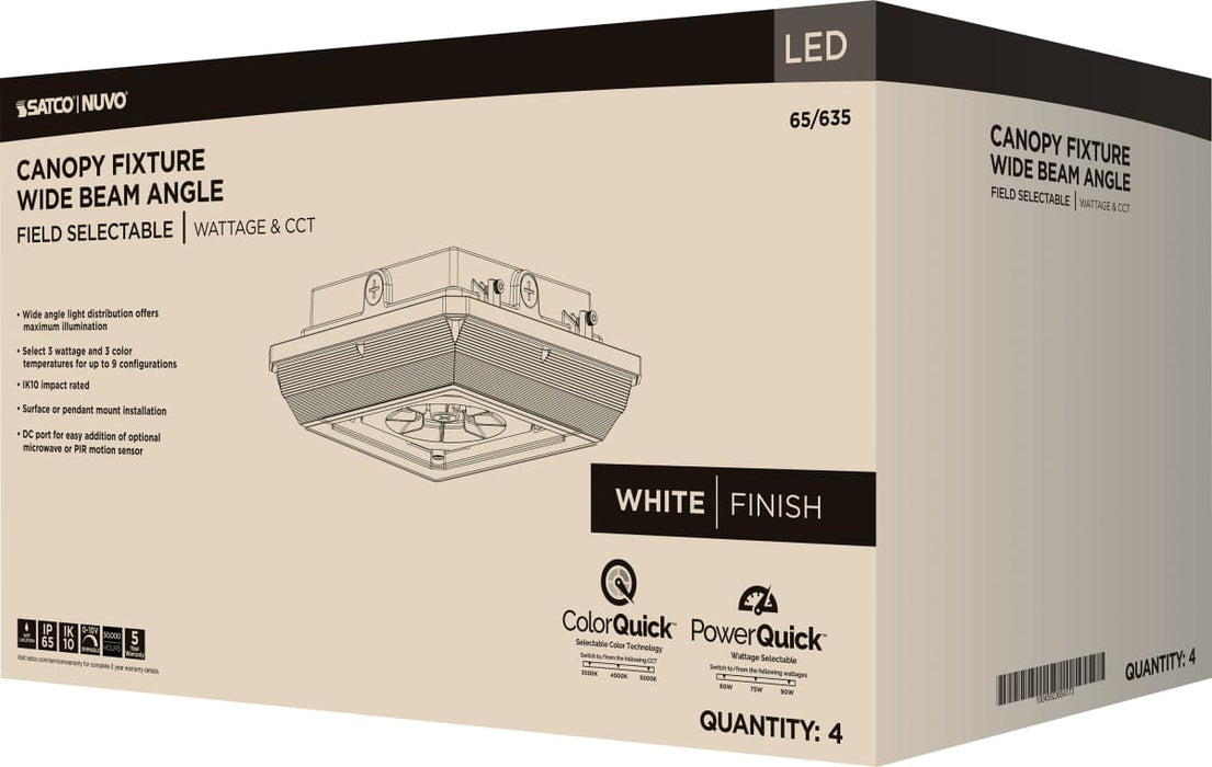 Canopy Nuvo 65-635 Square LED - Wide Beam Angle Canopy Light - 3K/4K/5K CCT Selectable - 60W/75W/90W Wattage Selectable - White Finish Nuvo