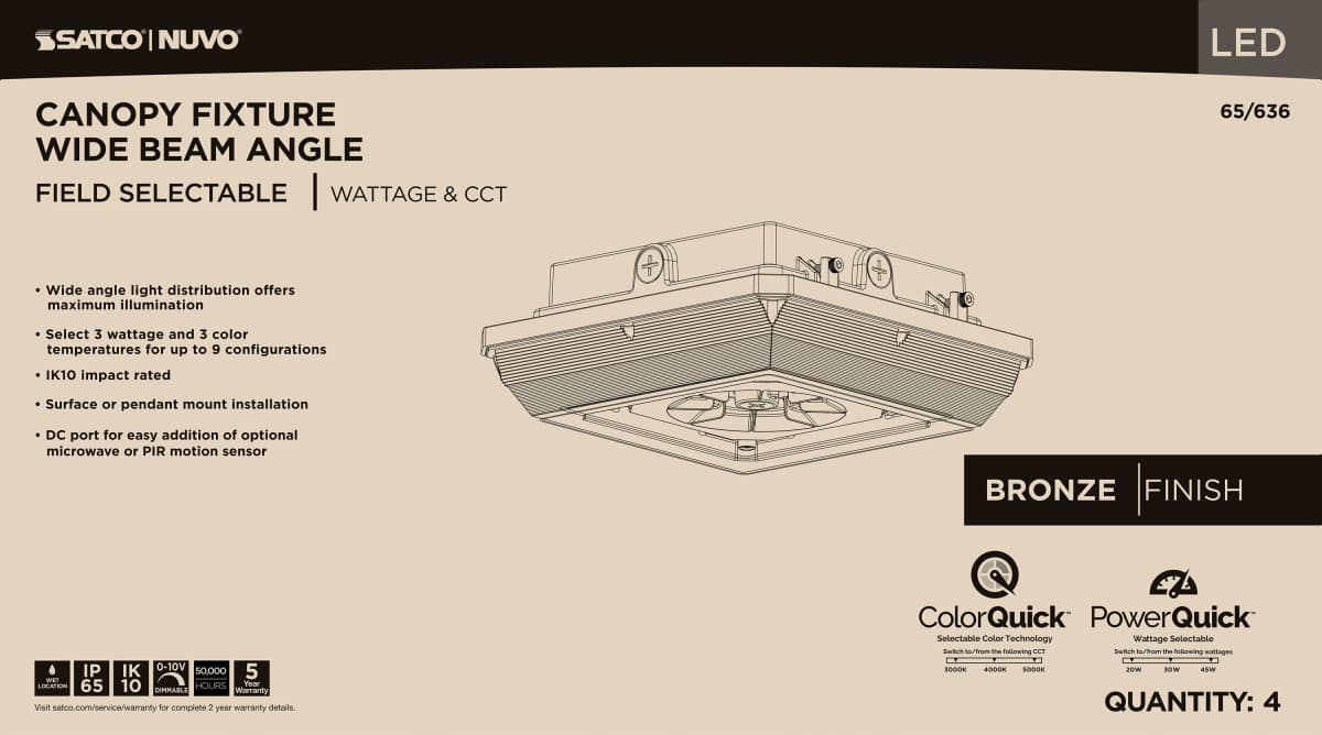 Canopy Nuvo 65-636 Square LED - Wide Beam Angle Canopy Light - 3K/4K/5K CCT Selectable - 20W/30W/45W Wattage Selectable - Bronze Finish Nuvo