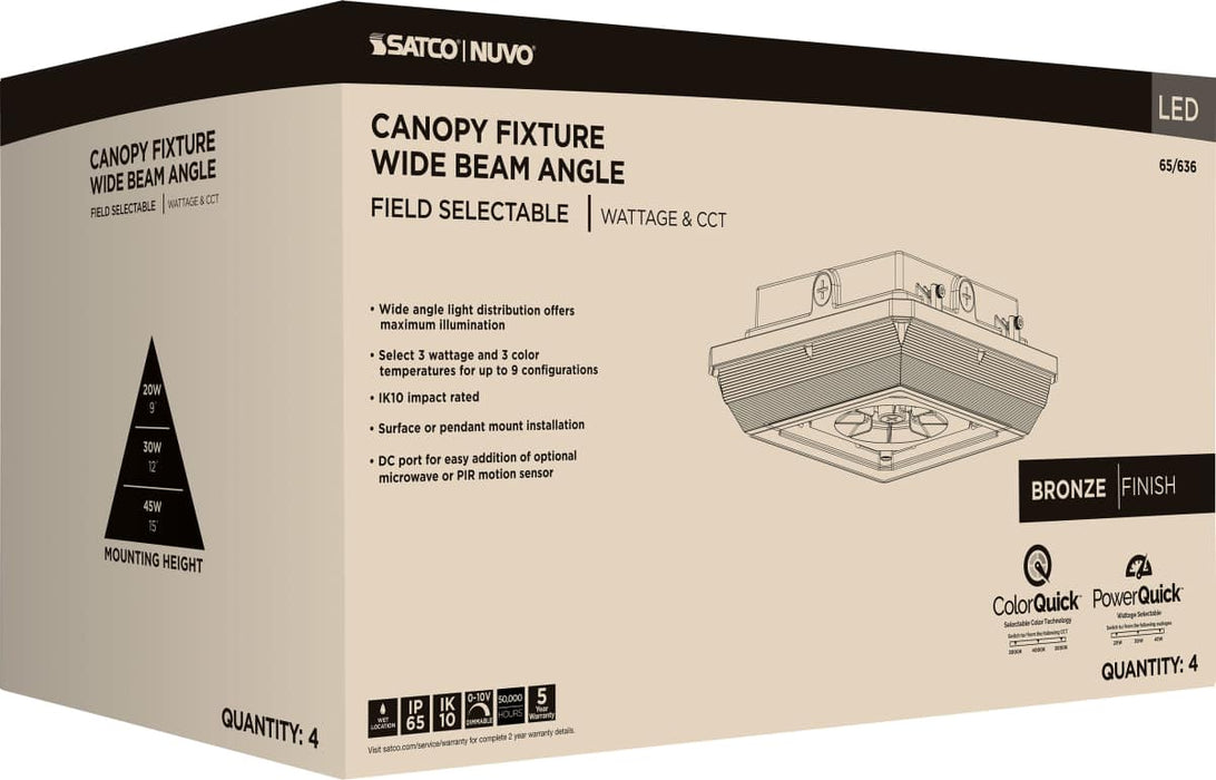 Canopy Nuvo 65-636 Square LED - Wide Beam Angle Canopy Light - 3K/4K/5K CCT Selectable - 20W/30W/45W Wattage Selectable - Bronze Finish Nuvo