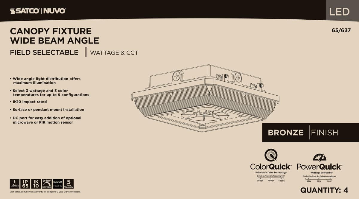 Canopy Nuvo 65-637 Square LED - Wide Beam Angle Canopy Light - 3K/4K/5K CCT Selectable - 60W/75W/90W Wattage Selectable - Bronze Finish Nuvo