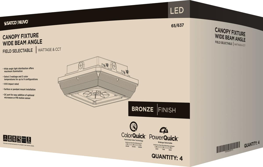 Canopy Nuvo 65-637 Square LED - Wide Beam Angle Canopy Light - 3K/4K/5K CCT Selectable - 60W/75W/90W Wattage Selectable - Bronze Finish Nuvo