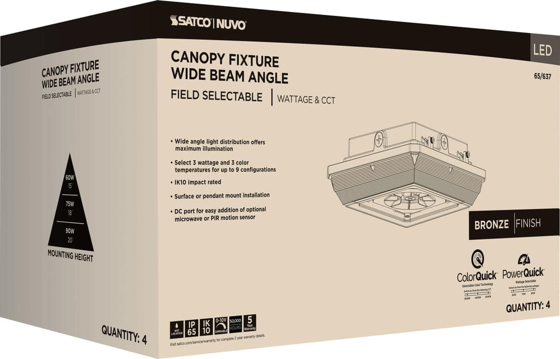 Canopy Nuvo 65-637 Square LED - Wide Beam Angle Canopy Light - 3K/4K/5K CCT Selectable - 60W/75W/90W Wattage Selectable - Bronze Finish Nuvo