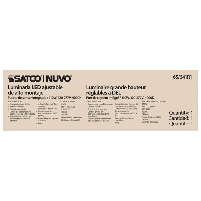 Linear Hi-Bay Nuvo 65-641R1 LED Adjustable High bay - 110 Watt - 4000K - Integrated Sensor Port - 120-277 Volt - White Finish Nuvo