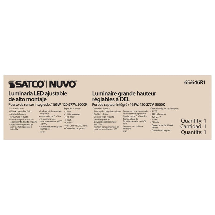 Linear Hi-Bay Nuvo 65-646R1 LED Adjustable High bay - 165 Watt - 5000K - Integrated Sensor Port - 120-277 Volt - White Finish Nuvo
