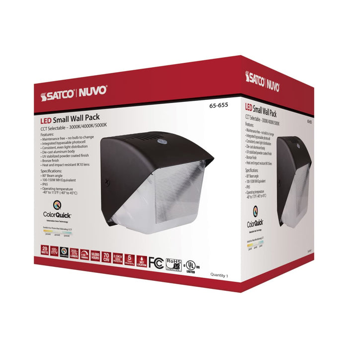 Wall Pack Nuvo 65-655 29 Watt Small LED Wall Pack with Integrated Bypassable Photocell - CCT Selectable - 120-277 Volts - Dusk to Dawn Security Lighting - IP65 - Bronze Finish Nuvo