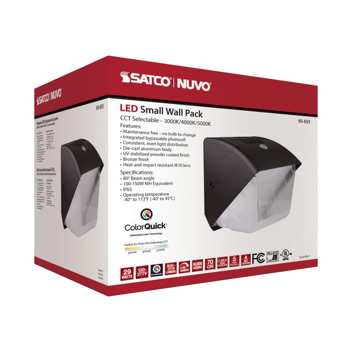 Wall Pack Nuvo 65-655 29 Watt Small LED Wall Pack with Integrated Bypassable Photocell - CCT Selectable - 120-277 Volts - Dusk to Dawn Security Lighting - IP65 - Bronze Finish Nuvo