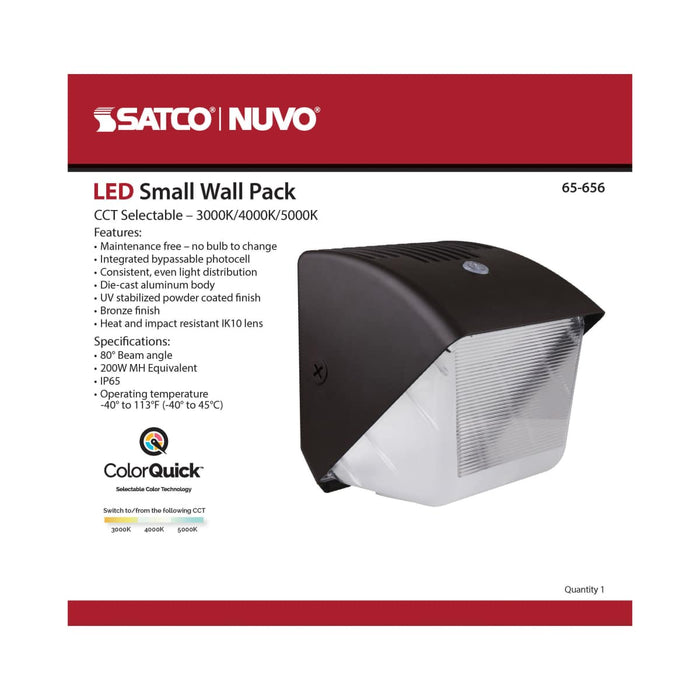 Wall Pack Nuvo 65-656 40 Watt Small LED Wall Pack with Integrated Bypassable Photocell - CCT Selectable - 120-277 Volts - Dusk to Dawn Security Lighting - IP65 - Bronze Finish Nuvo
