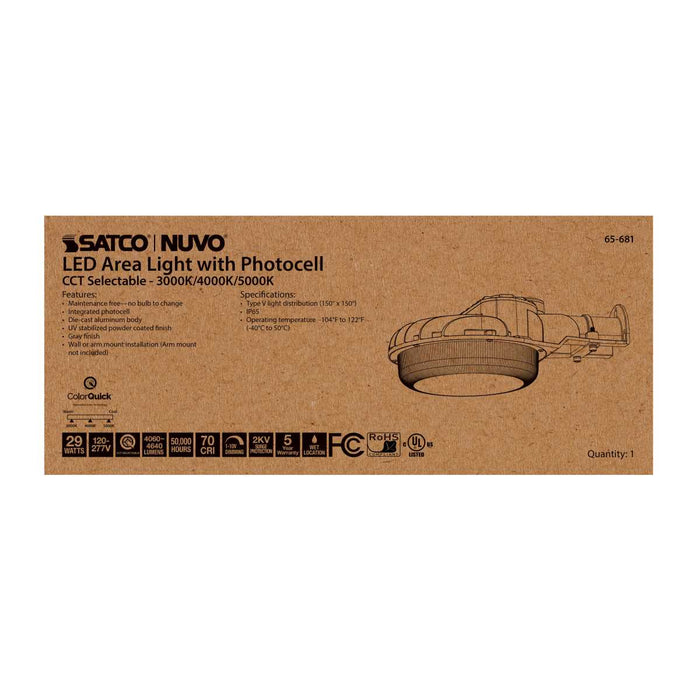 Area Light Nuvo 65-681 29 Watt LED Area Light with Photocell - CCT Selectable and Dimmable - Gray Finish - 120-277 Volts - Ultra Bright Lumens Nuvo