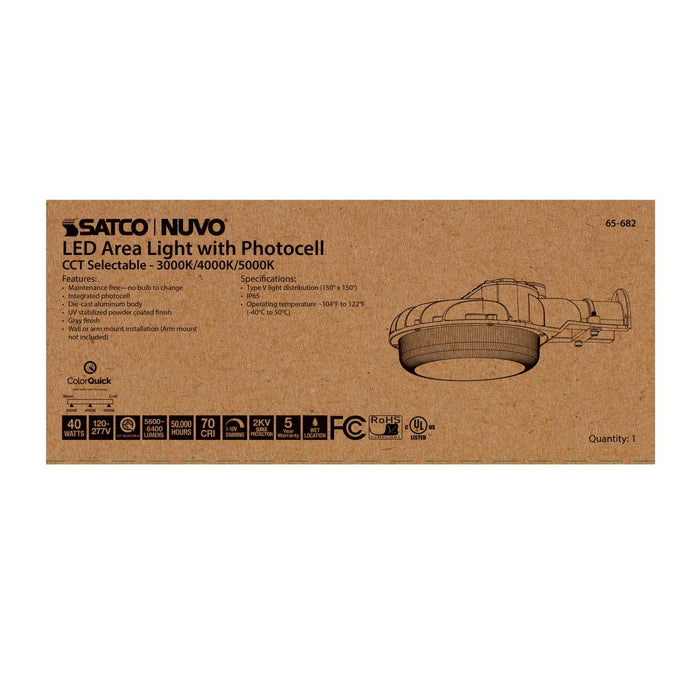 Area Light Nuvo 65-682 40 Watt LED Area Light with Photocell - CCT Selectable and Dimmable - Gray Finish - 120-277 Volts - Ultra Bright Lumens Nuvo