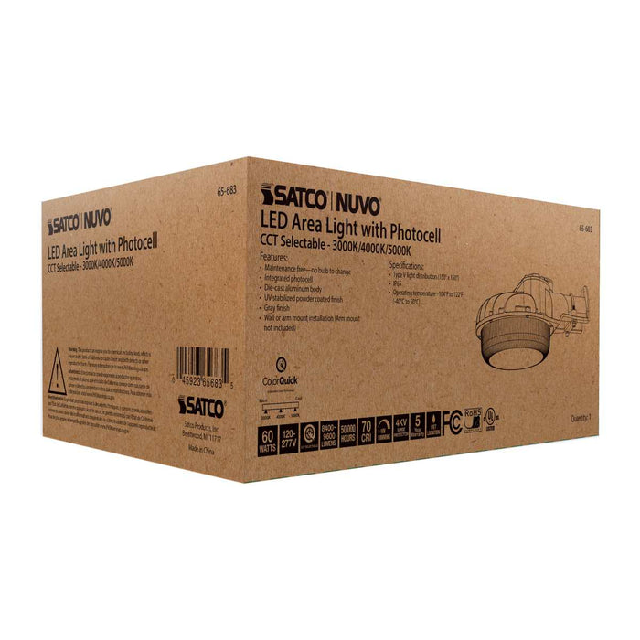 Area Light Nuvo 65-683 60 Watt LED Area Light with Photocell - CCT Selectable and Dimmable - Gray Finish - 120-277 Volts - Ultra Bright Lumens Nuvo
