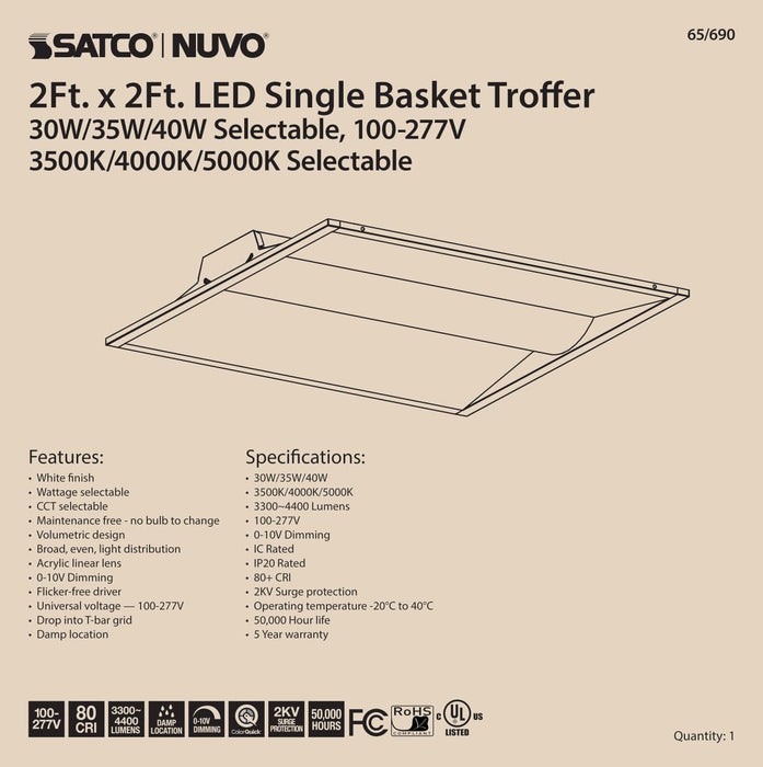 Troffer Nuvo 65-690 2X2 Single Basket LED Troffer Fixture - Wattage Selectable - CCT Selectable - Lumens Selectable - 100-277V - White Finish Nuvo