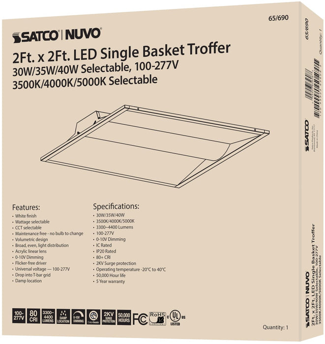Troffer Nuvo 65-690 2X2 Single Basket LED Troffer Fixture - Wattage Selectable - CCT Selectable - Lumens Selectable - 100-277V - White Finish Nuvo