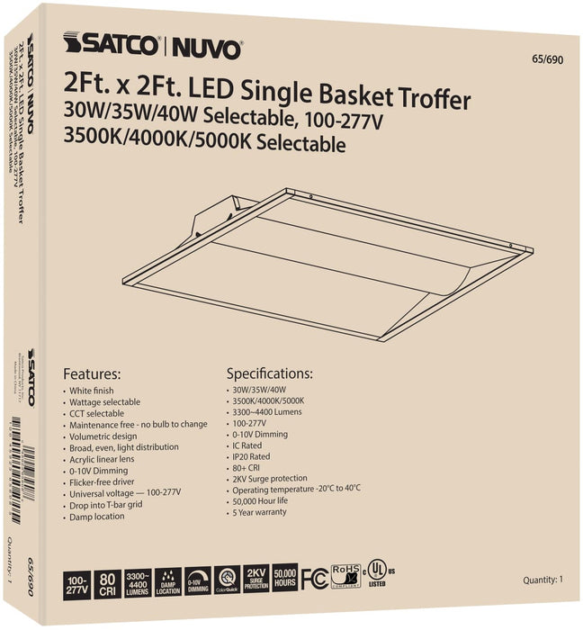 Troffer Nuvo 65-690 2X2 Single Basket LED Troffer Fixture - Wattage Selectable - CCT Selectable - Lumens Selectable - 100-277V - White Finish Nuvo