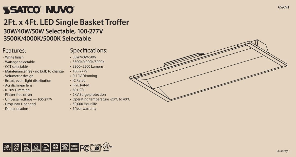 Troffer Nuvo 65-691 2X4 Single Basket LED Troffer Fixture - Wattage Selectable - CCT Selectable - Lumens Selectable - 100-277V - White Finish Nuvo