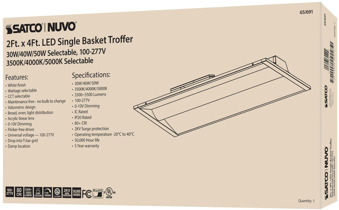 Troffer Nuvo 65-691 2X4 Single Basket LED Troffer Fixture - Wattage Selectable - CCT Selectable - Lumens Selectable - 100-277V - White Finish Nuvo