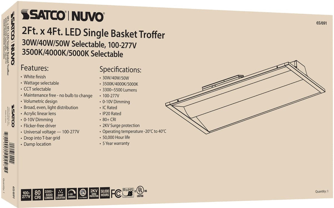 Troffer Nuvo 65-691 2X4 Single Basket LED Troffer Fixture - Wattage Selectable - CCT Selectable - Lumens Selectable - 100-277V - White Finish Nuvo