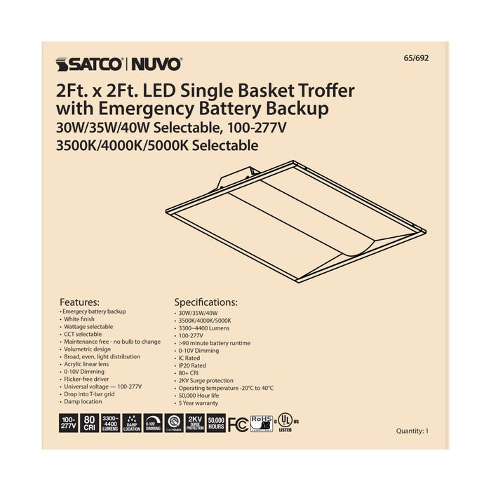 Single Basket Troffer Nuvo 65-692 2X2 Emergency Backup - Single Basket LED Troffer Fixture - Wattage Selectable - CCT Selectable - Lumens Selectable - White Finish Nuvo