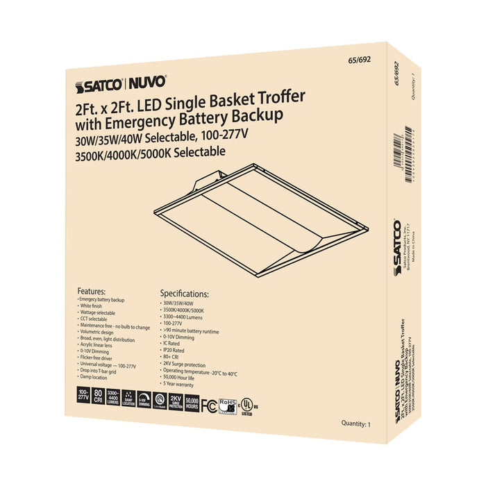 Single Basket Troffer Nuvo 65-692 2X2 Emergency Backup - Single Basket LED Troffer Fixture - Wattage Selectable - CCT Selectable - Lumens Selectable - White Finish Nuvo