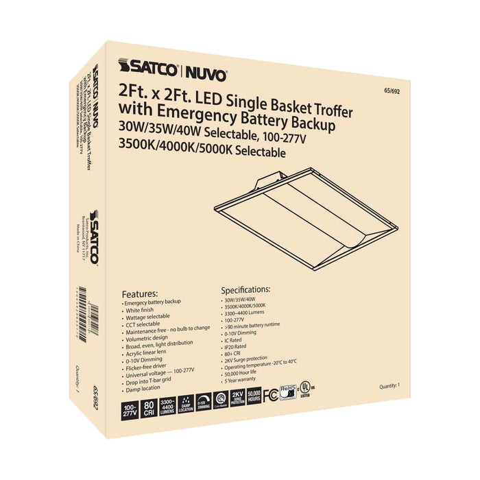 Single Basket Troffer Nuvo 65-692 2X2 Emergency Backup - Single Basket LED Troffer Fixture - Wattage Selectable - CCT Selectable - Lumens Selectable - White Finish Nuvo