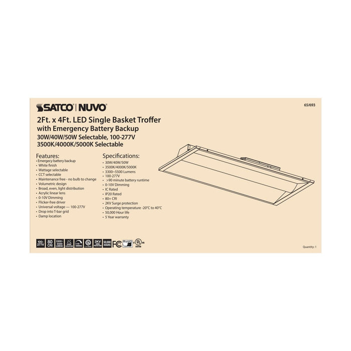 Single Basket Troffer Nuvo 65-693 2X4 Emergency Backup - Single Basket LED Troffer Fixture - Wattage Selectable - CCT Selectable - Lumens Selectable - White Finish Nuvo