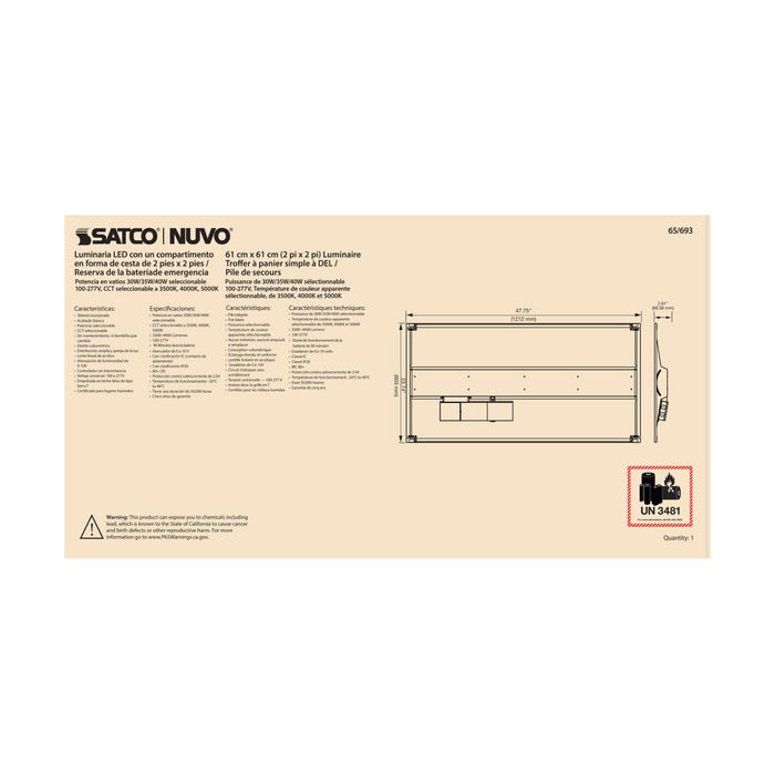 Single Basket Troffer Nuvo 65-693 2X4 Emergency Backup - Single Basket LED Troffer Fixture - Wattage Selectable - CCT Selectable - Lumens Selectable - White Finish Nuvo