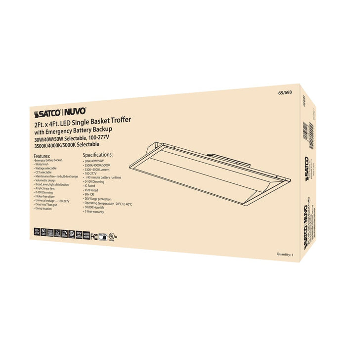 Single Basket Troffer Nuvo 65-693 2X4 Emergency Backup - Single Basket LED Troffer Fixture - Wattage Selectable - CCT Selectable - Lumens Selectable - White Finish Nuvo